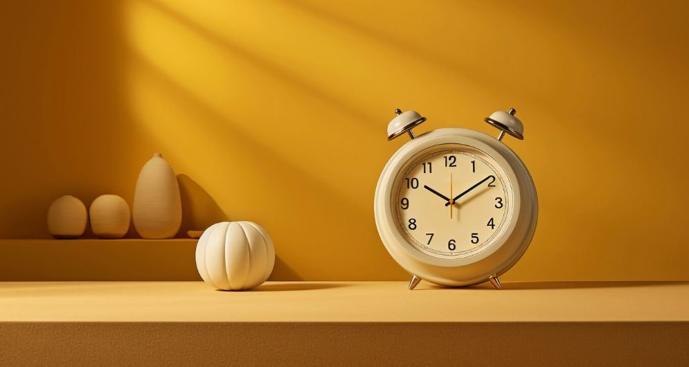 Reloj despertador vintage color crema sobre una mesa con sombras de luz del sol, acompañado de decoración minimalista con figuras geométricas, contra un fondo amarillo cálido que evoca la mañana.