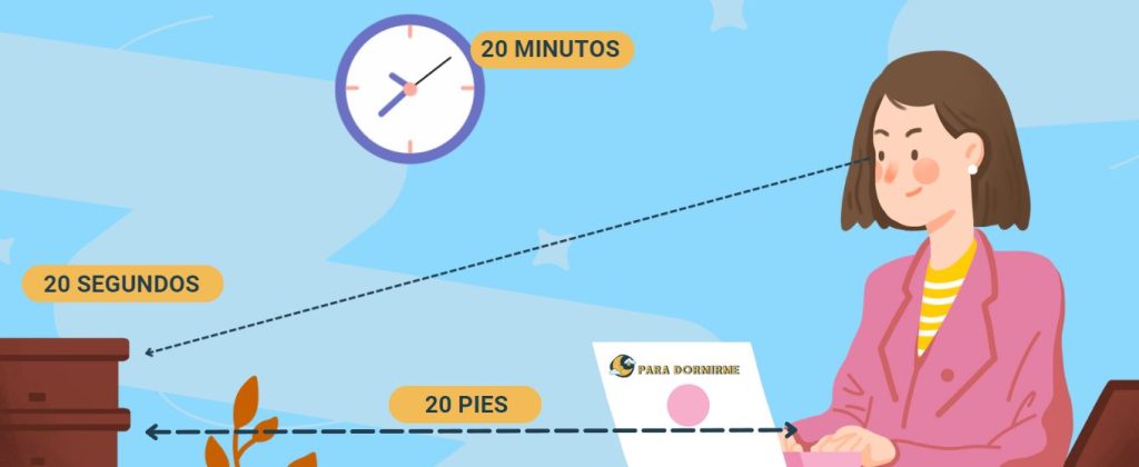 Ilustración explicativa de la regla 20-20-20 para prevenir la fatiga ocular: cada 20 minutos, mirar a 20 pies de distancia durante 20 segundos, con una mujer trabajando en su computadora y siguiendo la regla.